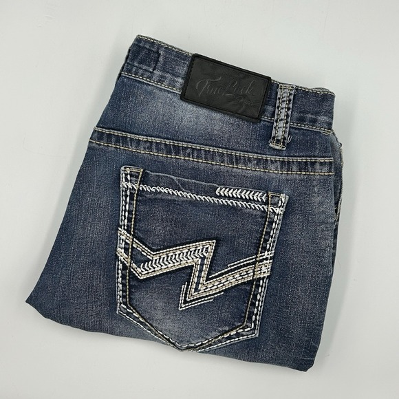 TRUE LUCK Men's 34 x 32 Blue Denim Jeans Straight Leg Stretch Embroidered Retro - Picture 1 of 10